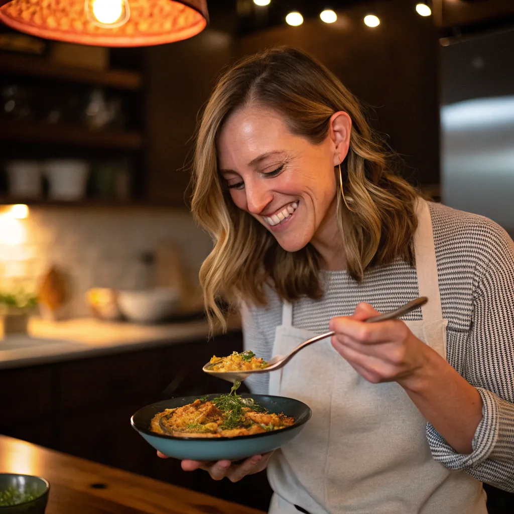 Emily Johnson enjoying a dish she cooked